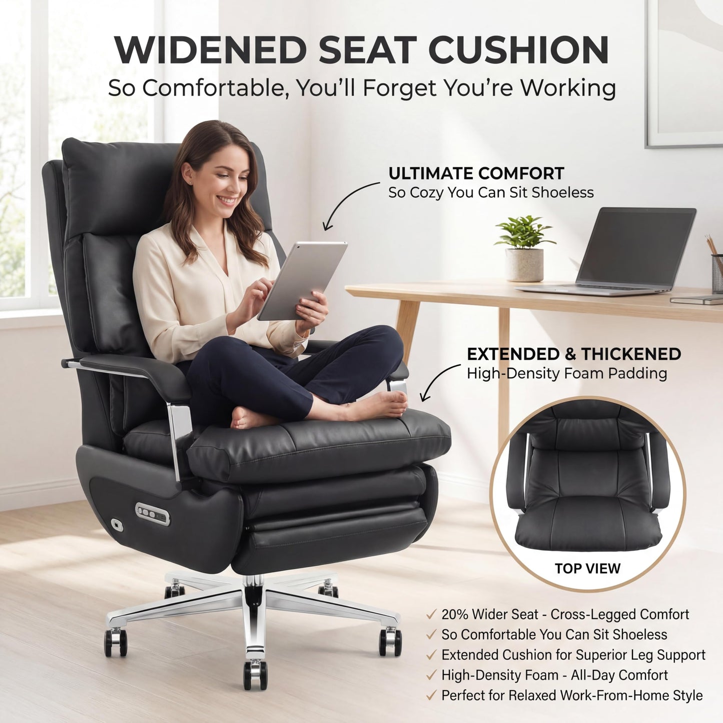 Dual Motor Executive Office Chair with Footrest, 170° Reclining Wide Seat Ergonomic Leather Desk Chair, One-Touch Reset, 450LBS Big and Tall for Home&Office (Black)
