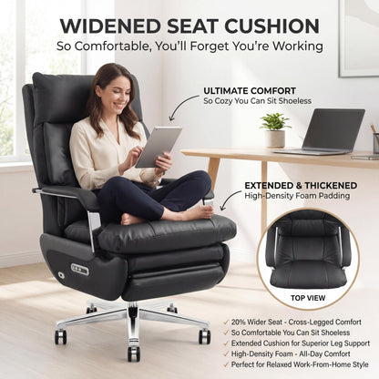 Dual Motor Executive Office Chair with Footrest, 170° Reclining Wide Seat Ergonomic Leather Desk Chair, One-Touch Reset, 450LBS Big and Tall for Home&Office (Black)