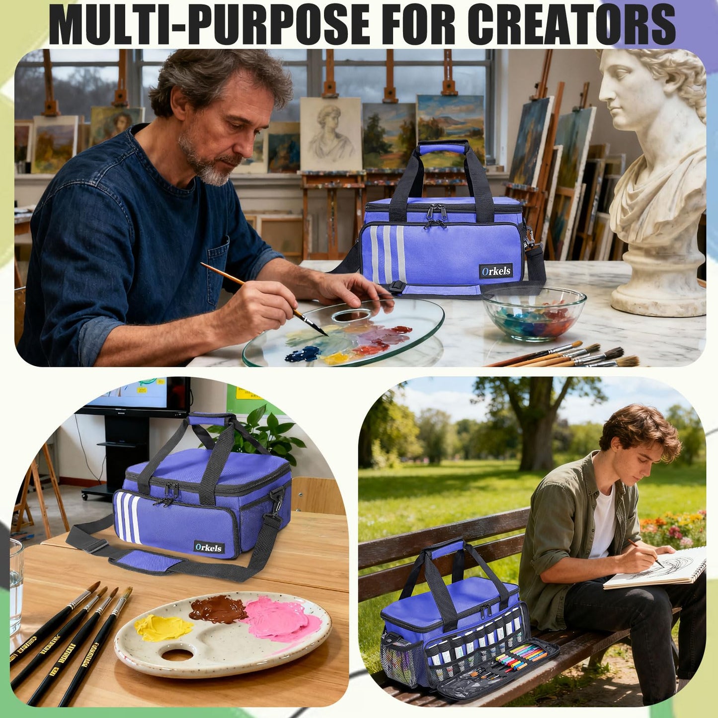 ORKELS Craft Paint and Marker Organizer, Acrylic Paint Storage Bag with Brush and Bottle Holders, Large Marker Carrying Case for Artists (Purple)