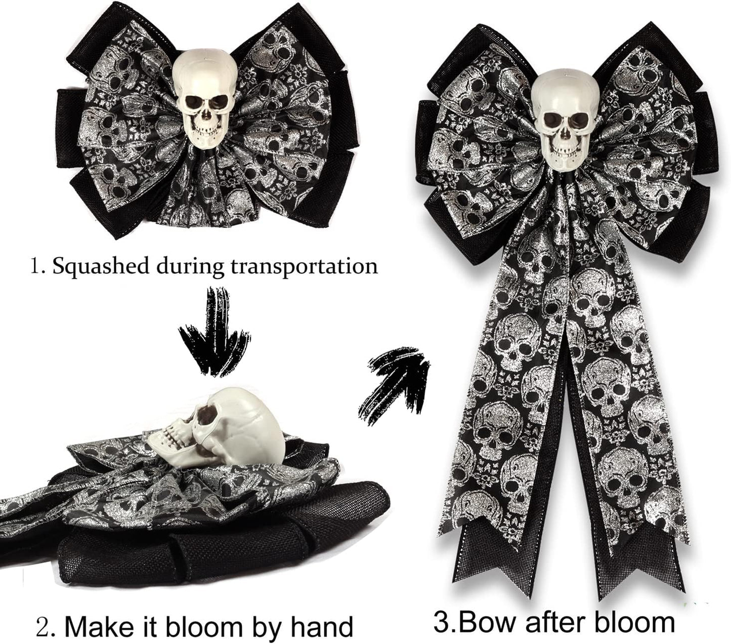 Skull Gothic Decor - Halloween Wreath Bow | Glittering Silver & Black Burlap, Perfect for Fall Outdoor Decor