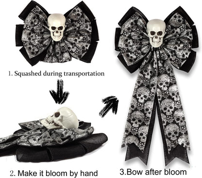 Skull Gothic Decor - Halloween Wreath Bow | Glittering Silver & Black Burlap, Perfect for Fall Outdoor Decor