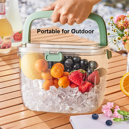 Yamteck Portable Ice Bucket with Lid & Tong for Outdoor Camping, Clear Plastic Storage Bin for Freezer, Refrigerator, Whiskey, Wine, Cocktail Party, Big Cube Mold Tray for Ice Bath