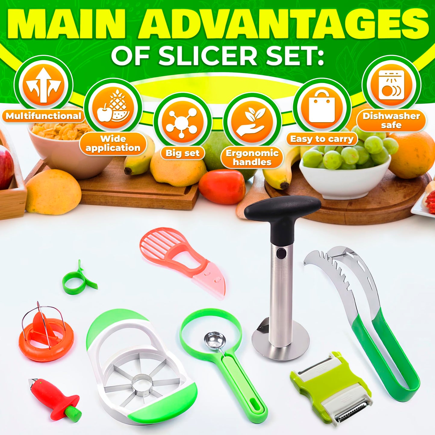 9 Pcs Pineapple Corer and Slicer Set – Sturdy, Sharp & Easy to Clean Pineapple Slicer Tool with Fruit Corer, Slicers and Peelers – Works for Apples, Melons, Avocados, Citrus, Berries, Bananas & More