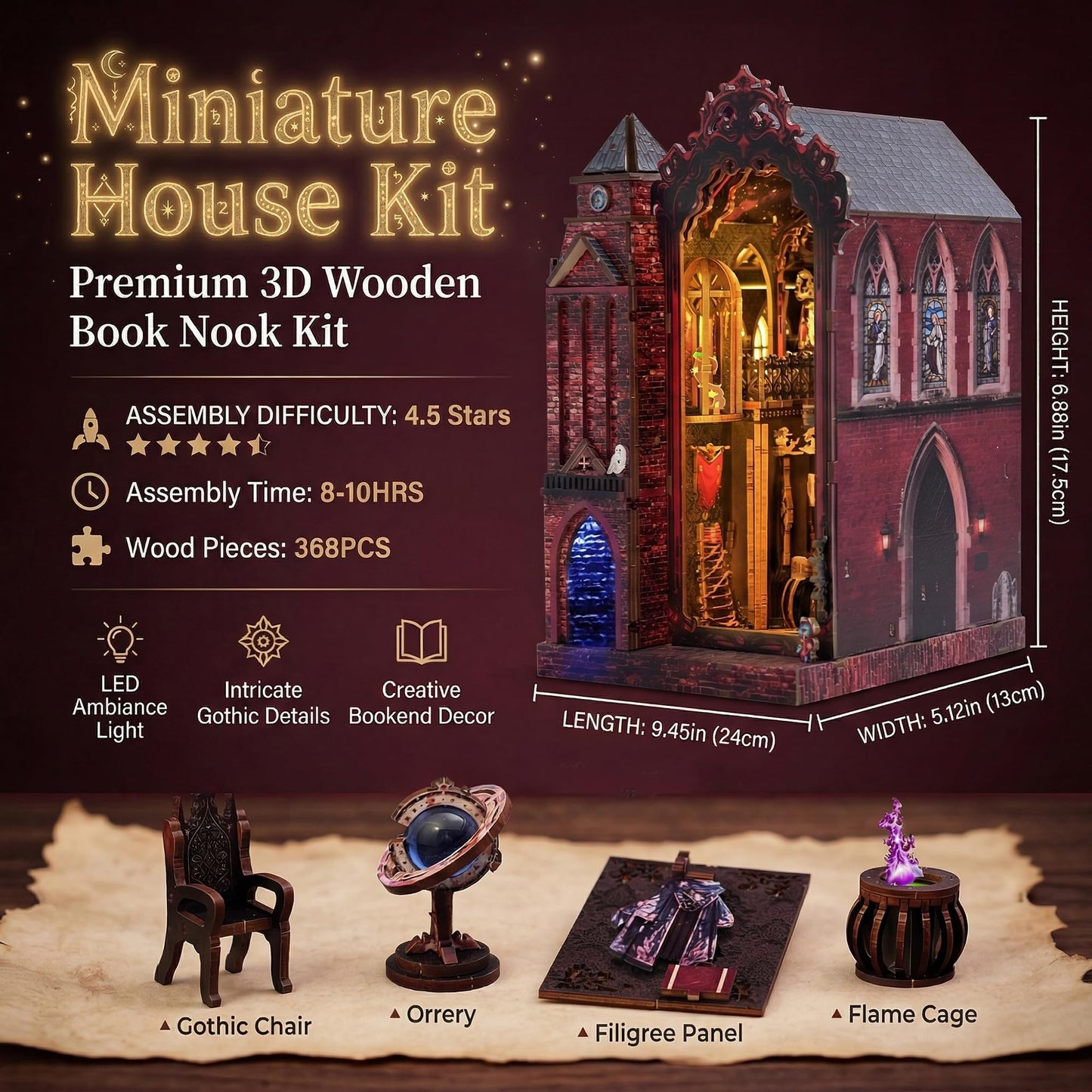 Magic Castle Book Nook Bookshelf Insert Kit – LED Infinity Mirror 3D Wooden Puzzle with Gear Mechanism,368 Pcs DIY Model for Fantasy Book Decor, Gifts for Adults & Teens
