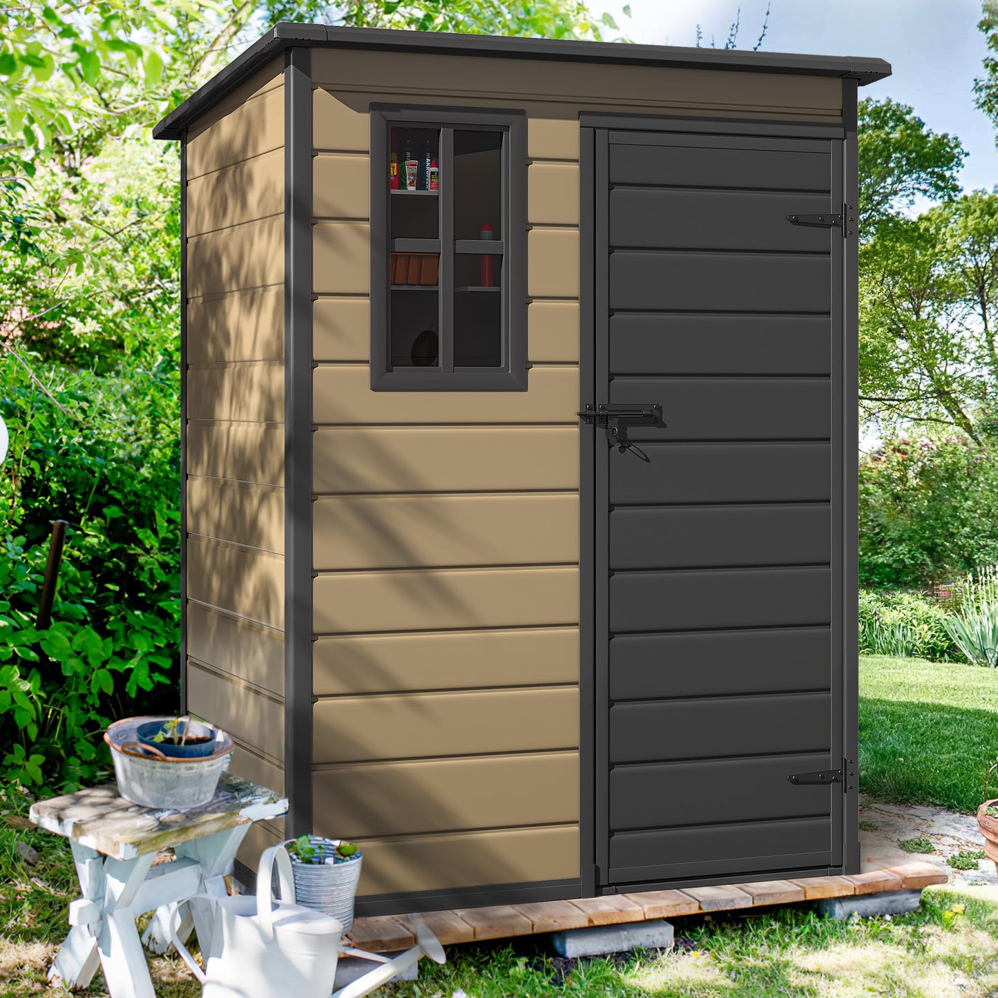 DWVO 5x3ft Resin Outdoor Storage Shed with Floor, Waterproof Lockable Storage Shed with Window, Plastic Outside Tool Storage for Garden, Backyard, Patio, Lawn, Brown