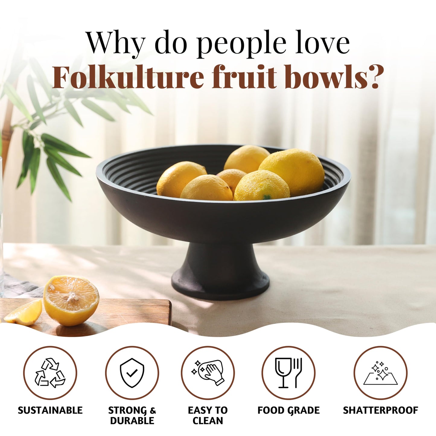 Folkulture Wooden Fruit Bowl for Kitchen Counter | 12" Large Premium Eco Friendly Banana Fruit Basket for Kitchen | Black Wood Bowl with Holder, Pedestal for Table Decor, Mothers Day Gifts