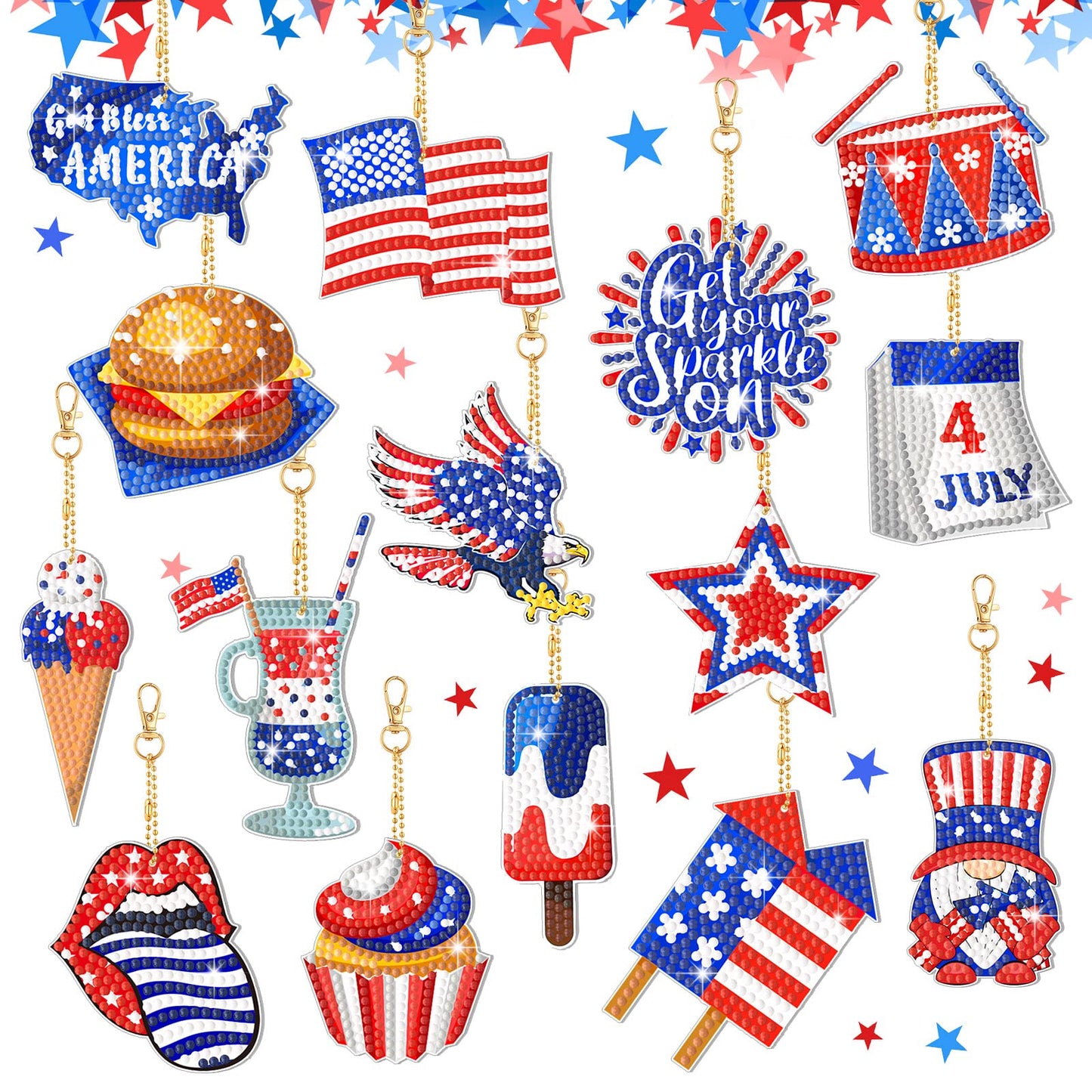Ecally 15 Pcs Patriotic 4th of July Diamond Painting Keychains 5D DIY Art Ornaments for Independence Day Decor (Vivid)