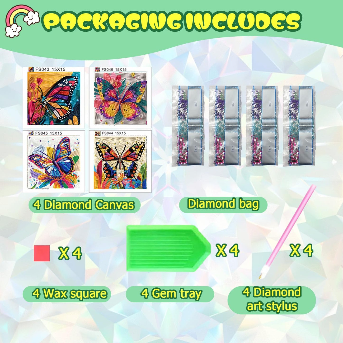 ICYANART 4 Pack Butterfly Diamond Art Painting Kits for Kids Butterfly Diamond Art Painting for Kids Ages 6-8-12 Gem Art Small for Girs for Gifts and Home Wall Decor 7x7inch