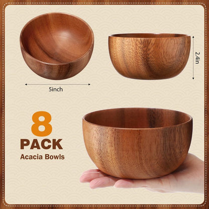 Skylety 5in 8pcs Acacia Wooden Bowls Small Calabash Bowls Round Wood Salad Hand Carved Calabash Dip Tray for Serving Popcorn Pasta Candy Cereal Coconut Nuts Sauce Appetizers Kitchen