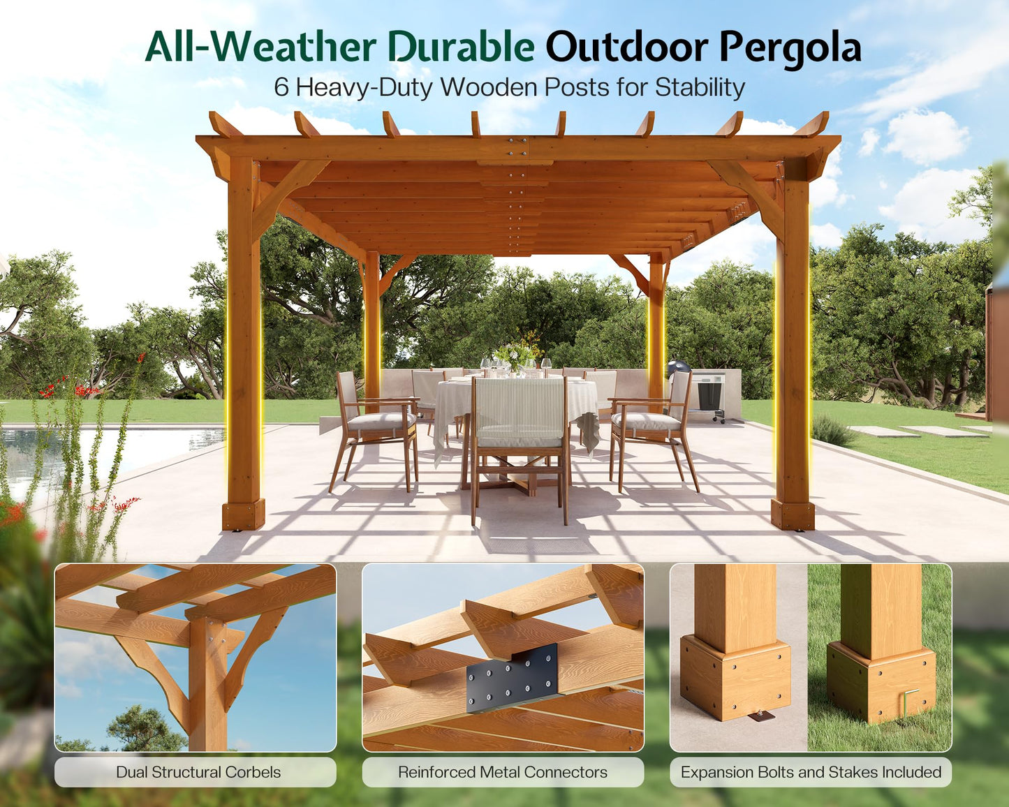 Jocisland 12x14 FT Premium Cedar Wood Pergola with Trellis Roof & Weather-Resistant Support, Outdoor Pergola Kit with Stakes, Garden Gazebo for Patio, Backyard & Events, Reddish-Brown