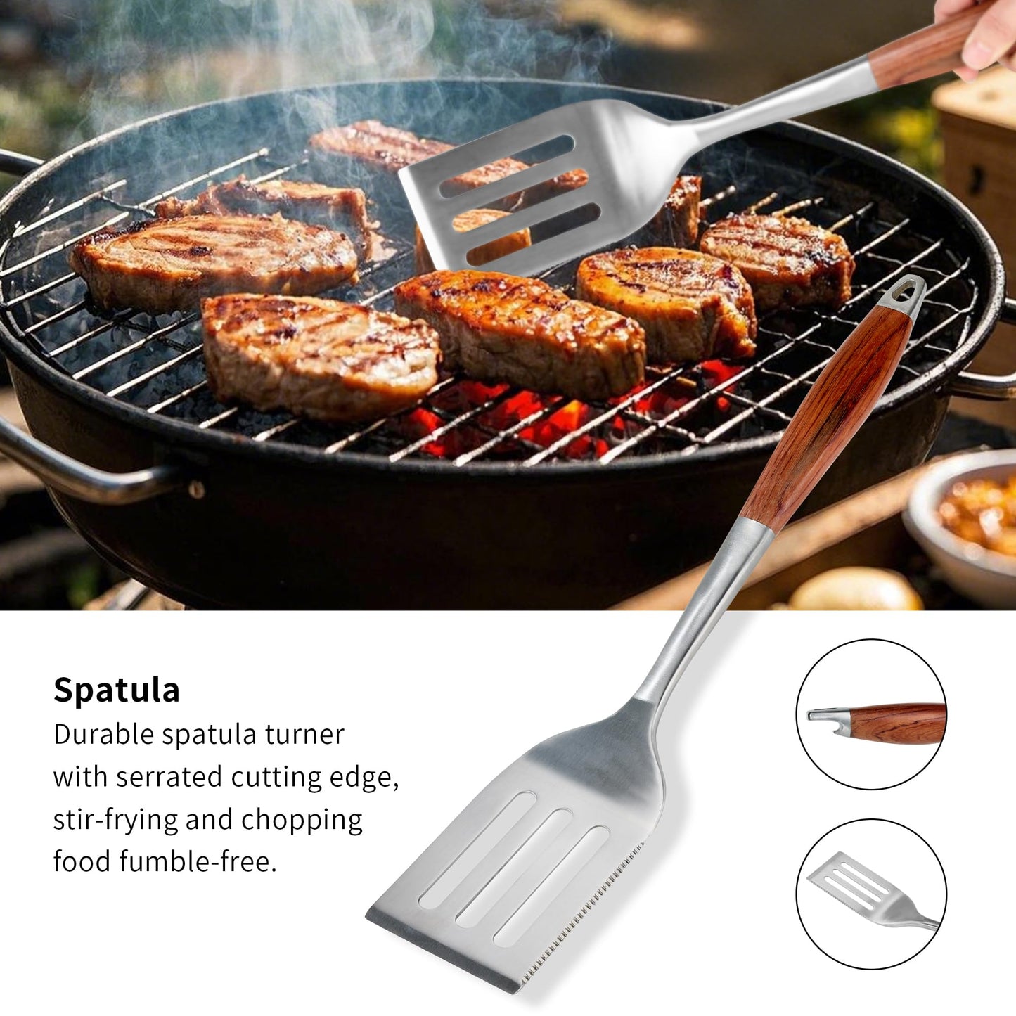 FJNATINH Heavy-Duty Grilling Accessories Rose Wooden BBQ Grilling Tools Set,Outdoor Grill Set with Spatula, Fork, Brush & Tongs,Essential Accessories for Barbecue & Grill. Ideal Gift for Men