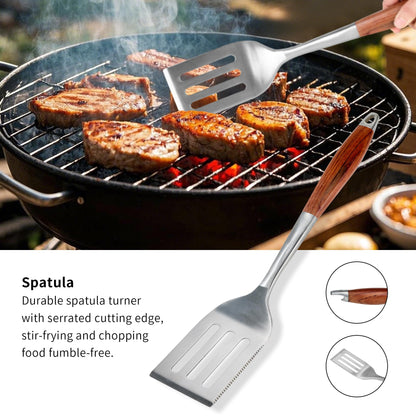 FJNATINH Heavy-Duty Grilling Accessories Rose Wooden BBQ Grilling Tools Set,Outdoor Grill Set with Spatula, Fork, Brush & Tongs,Essential Accessories for Barbecue & Grill. Ideal Gift for Men