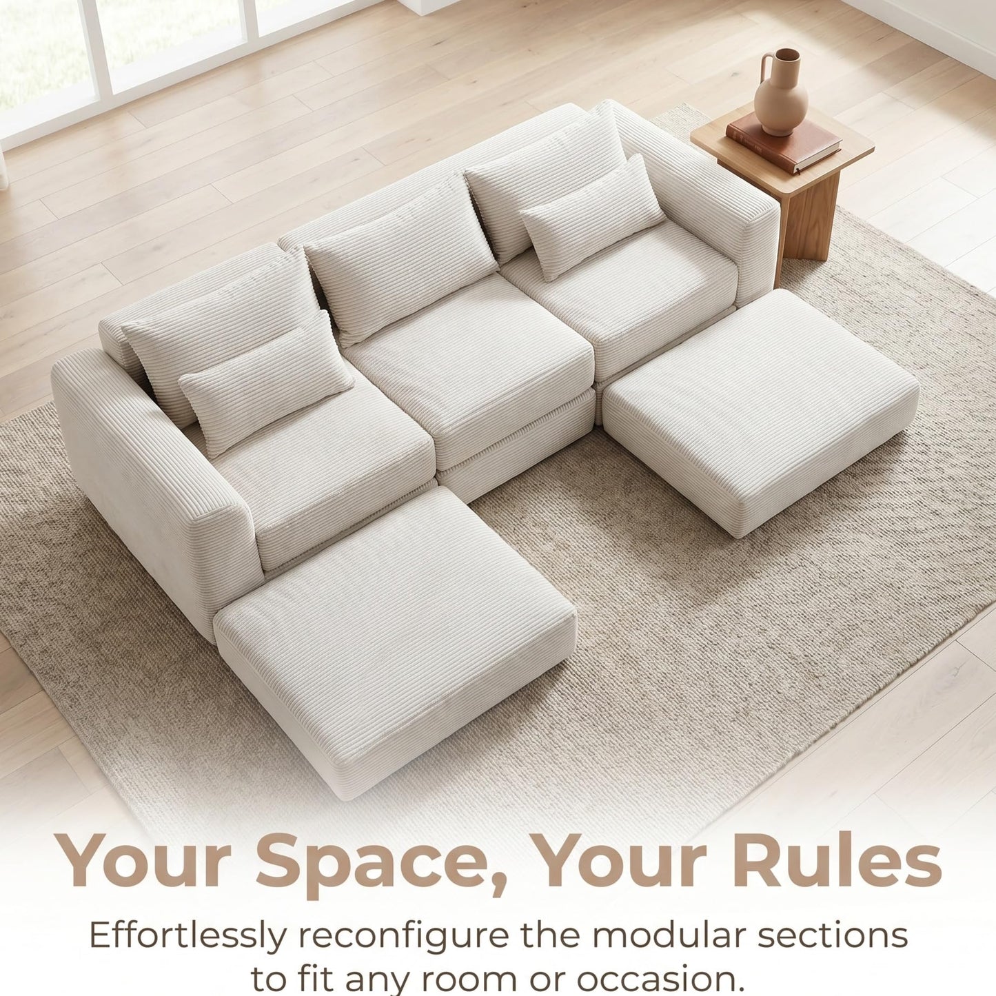 Trygoal 100" Sectional Boneless Couches Set for Living Room, Movable L Shaped Upholstered Modular Couch with 5 Pillows, DIY Combination Cloud Sofa for Apartment & Bedroom, White