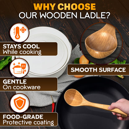 2 Pcs Wooden Ladle for Soup – 10.8×2.8" Bamboo Soup Ladle for Stews and Sauces with Deep 2.7 fl oz Capacity & Lacquer-Coated Finish – Wooden Cooking Spoons with Hook Handles for Kitchen & Catering