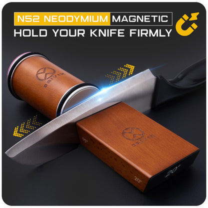 Orivix Rolling Knife Sharpener Kit – Magnetic 2-Angle Base, 3.86 Inches Longer Wooden Roller, 2 Grit Discs (600 Diamond & 3000 Ceramic), Leather Strop & Cleaning Eraser