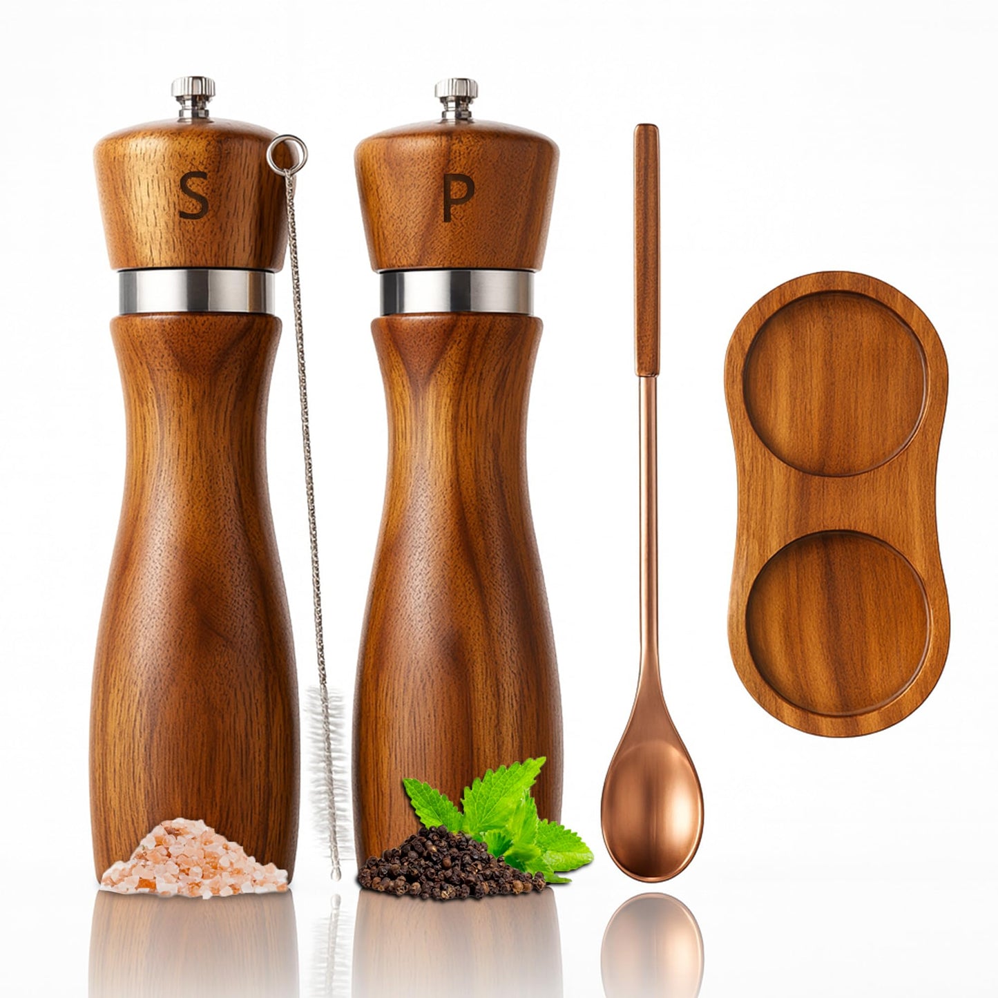 Premium Acacia Wood Salt & Pepper Grinder Set, 8-Inch Manual Mills with Adjustable Coarseness, Ceramic Core, Matching Tray, Spoon & Cleaning Brush – 2 Pack