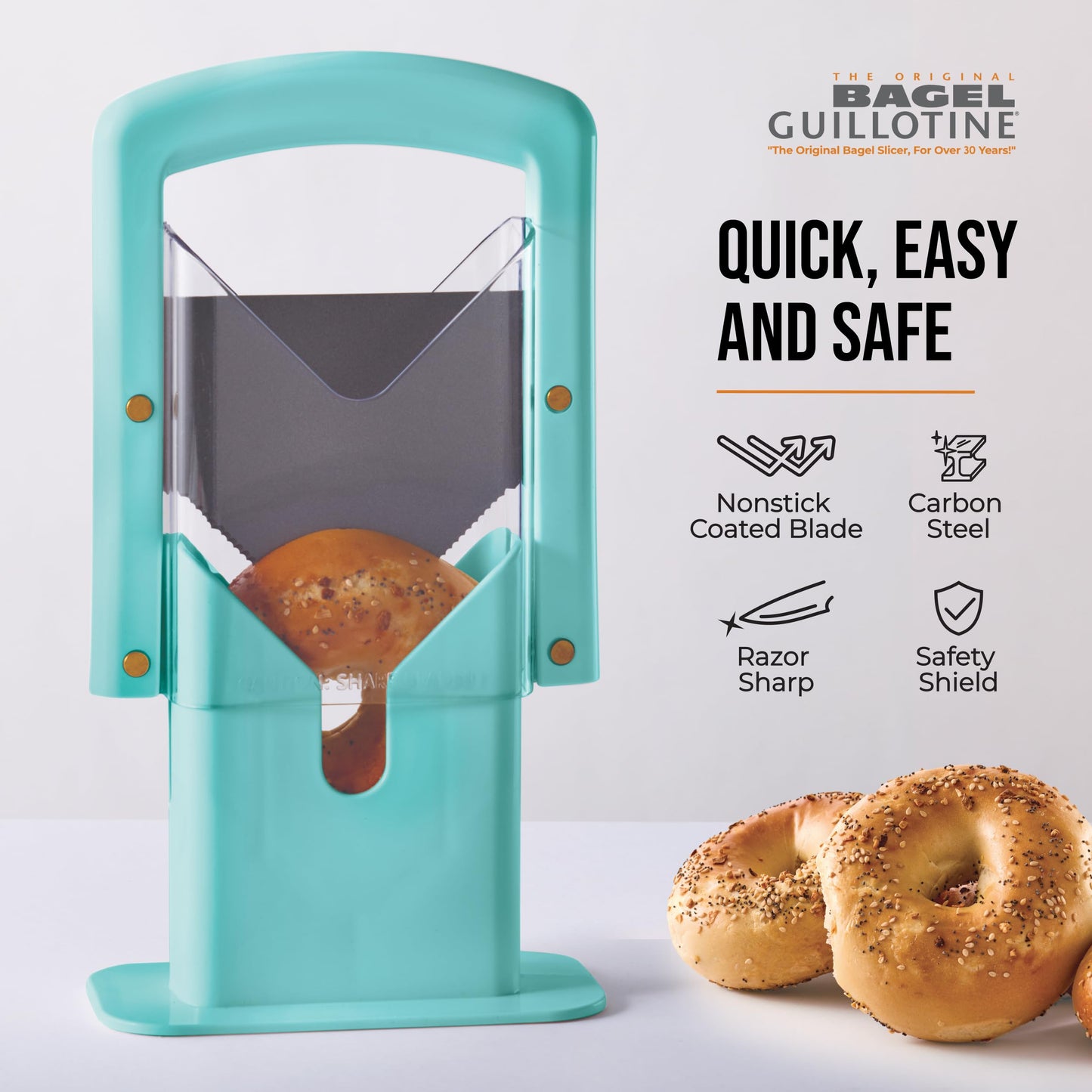 Hoan Bagel Guillotine Universal Slicer with Built In Safety Shield to Protect Fingers. Perfect for Smoothly Slicing Bagels, Buns, Muffins and More, Non Stick. 9.25 inch, Aqua Sky