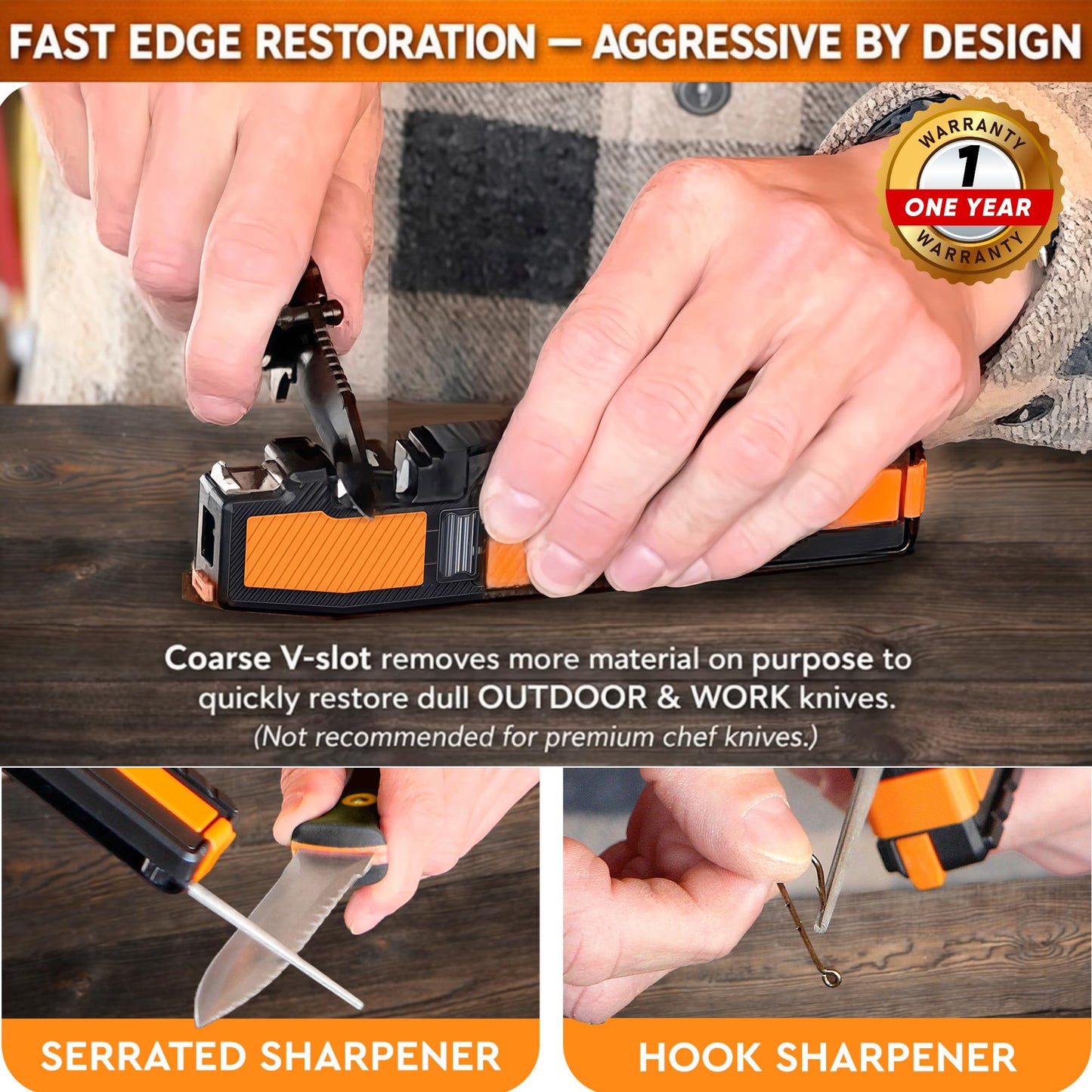 Orange Ninja Pocket Field Knife Sharpener – 8-in-1 Camping & Hunting EDC Knife Sharpener with Guided Diamond Whetstones, Leather Strop, Fire Starter & Diamond Rod
