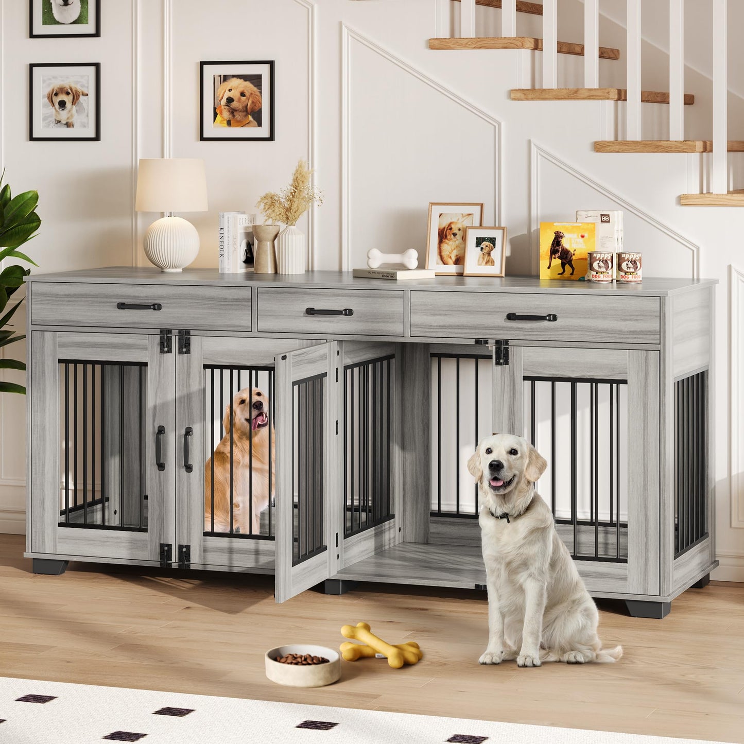 Garvee 71 Inch Large Dog Crate Furniture for 2 Dogs, Wooden Double Dog Crate Large Breed with Door, Dog Kennel Indoor, TV Stand End Table with Divider for Large Medium Dogs,Grey
