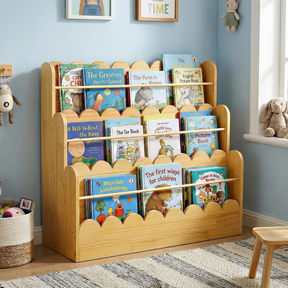 Amdermi Scalloped Design | 3-Tier Montessori Solid Wood Kids Bookcase | 29.6" Wide Toddler Storage Shelf | Easy Access Floor Display Furniture for Playroom/Nursery