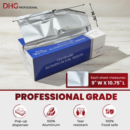 DHG PROFESSIONAL Aluminum Foil Sheets, 500 Count – 9" x 10.75" Pre-Cut Pop-Up Dispenser for Food Wrap, Sandwich Wrap, Hair Foils, Food Storage, Baking, Catering, Restaurant, Salon Use
