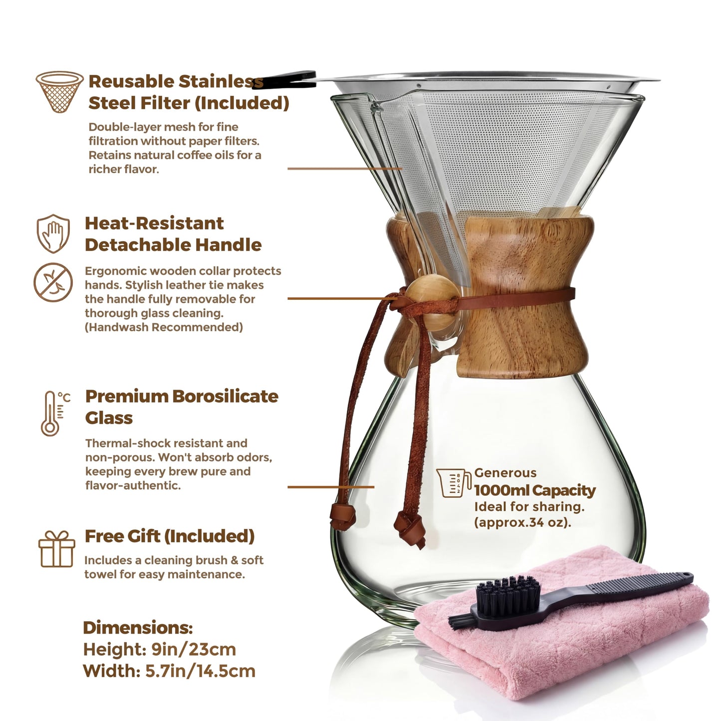 AGOGO Pour Over Coffee Maker Glass - Barista Kit with 304 Stainless Filter for Home, Office, Camping, Cafes - Easy Clean Coffee Dripper Set (Soft Towel&Brush) (34oz Classic w/SS Filter)
