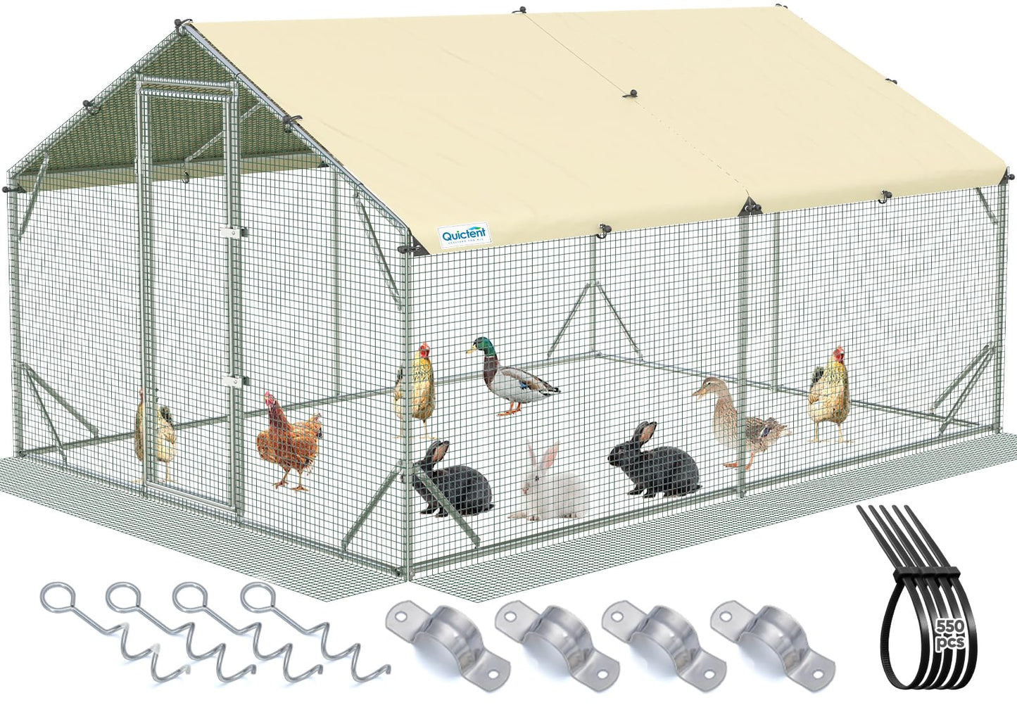Quictent 12x9x6.6ft Metal Chicken Coop Run with Side Hardware Cloth, Elite Series Large Walk-in Outdoor Poultry Cage Heavy Duty Predator Proof Hen Duck Rabbit Farm Pen House, Waterproof Anti-UV Cover