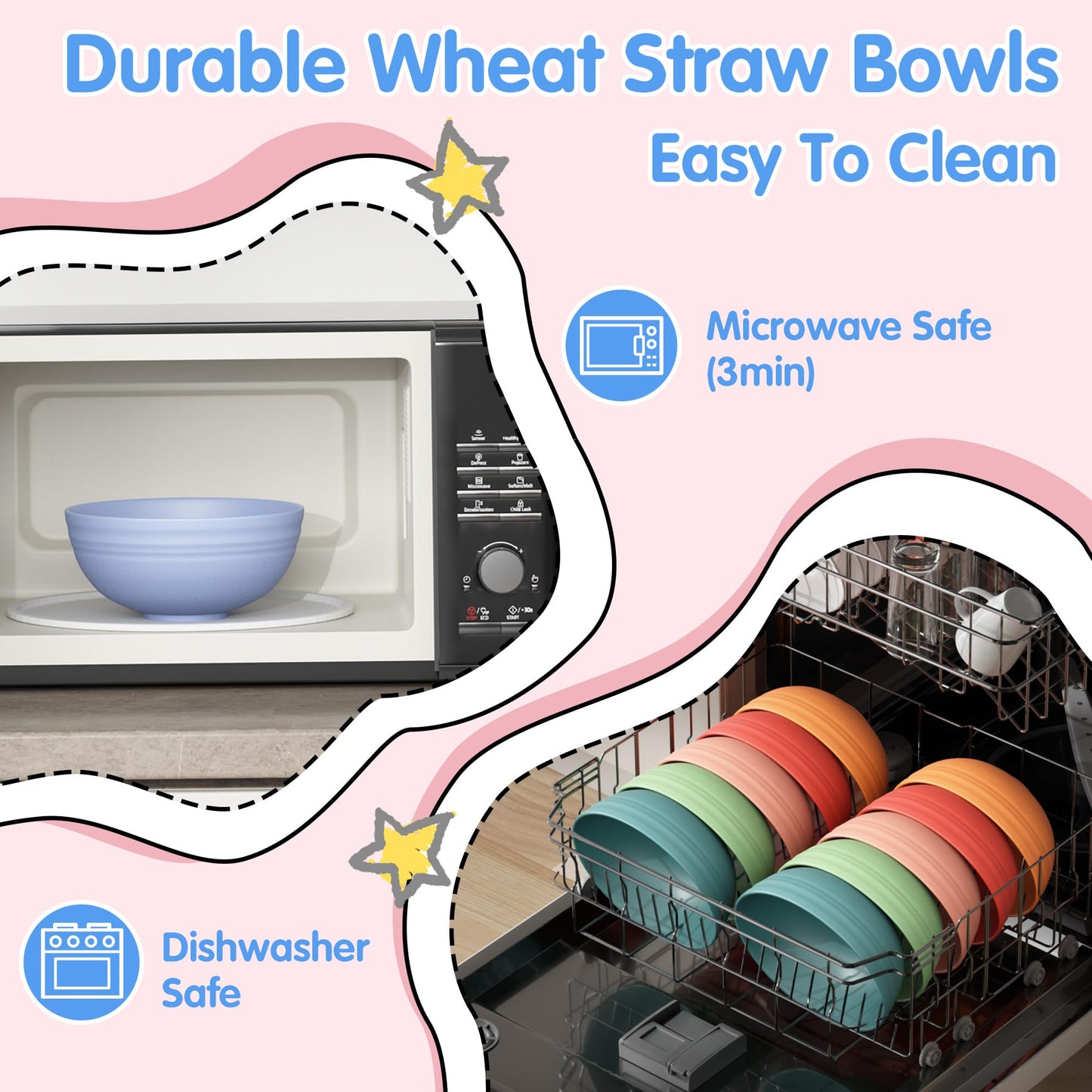 Quatish 10 PCS Unbreakable Cereal Bowls,Dishwasher & Microwave Safe Wheat Straw Bowls, Easy-to-Clean Lightweight Desserts & Soup Bowl, Portable for Picnics ，Snack Plastic Bowls Set，Multi-Color