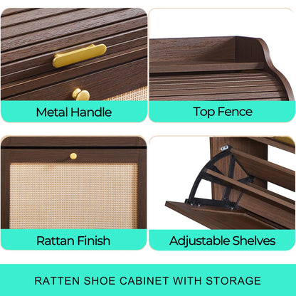 LINSY Shoe Storage Cabinet, Rattan Shoe Cabinet Flip Drawer Shoes Rack Cabinet with Sliding Tambour Door, Large Shoe Cabinets Mid Century Modern Hidden Shoe Storage Organizer for Entryway, Walnut