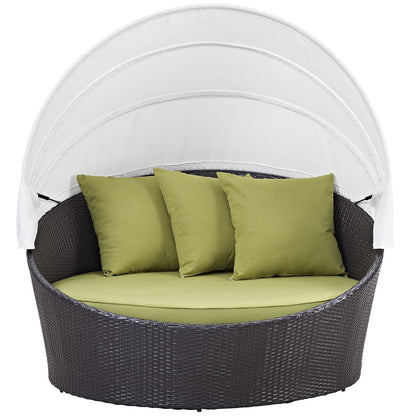 Modway Convene Wicker Rattan Outdoor Patio Retractable Canopy Round Poolside Sofa Daybed in Espresso Peridot