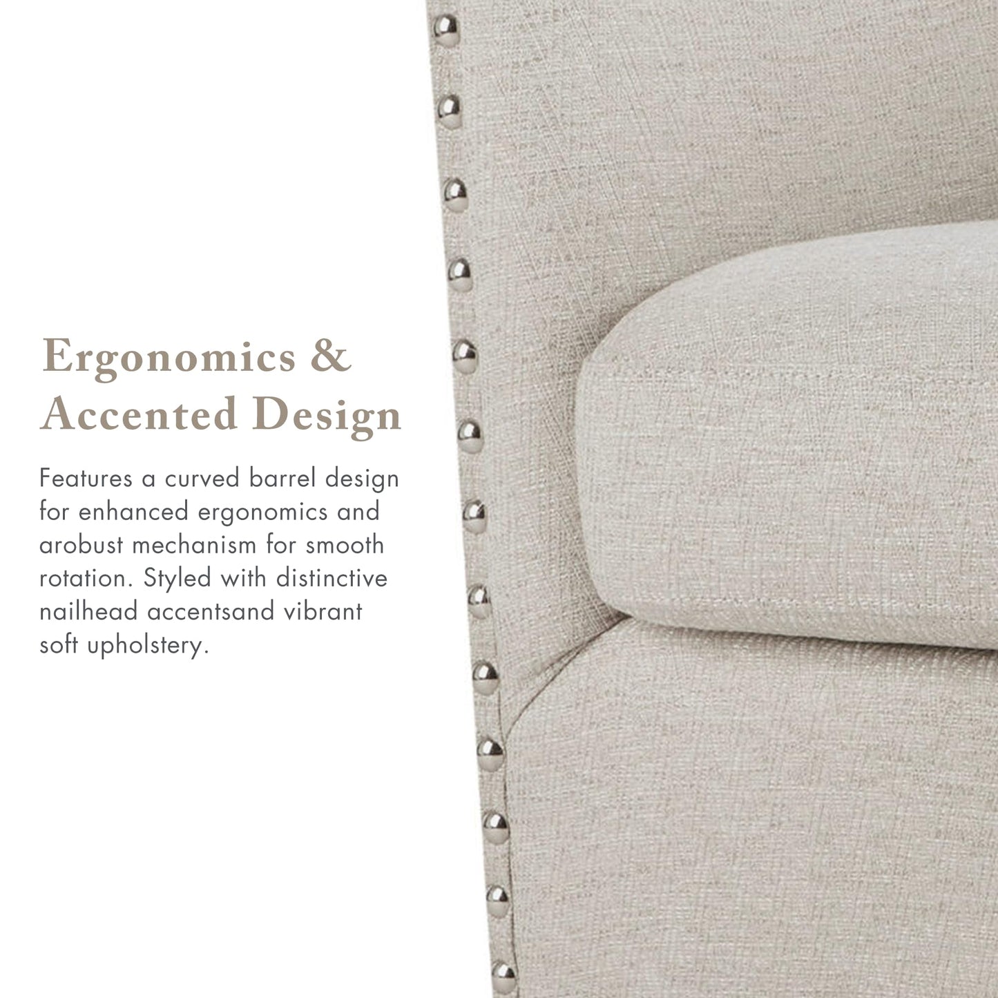 Madison Park Swivel Barrel Accent Chair, Upholstered Curved Back with 7-Inch Thick Woven Cushion, 360° Swivel, Nailhead Trim, Comfy Chair for Living Room, Bedroom, Office, 28" Wide, Neutral, Tyler