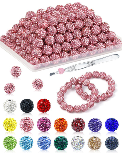 120PCS FIVEIZERO Rhinestone Beads for Jewelry Making, 10mm Dark Pink Shiny Round Sparkle Crystal Clay Beads Bulk Sparkly Baseball Necklace Bead for Bracelets and DIY Crafts