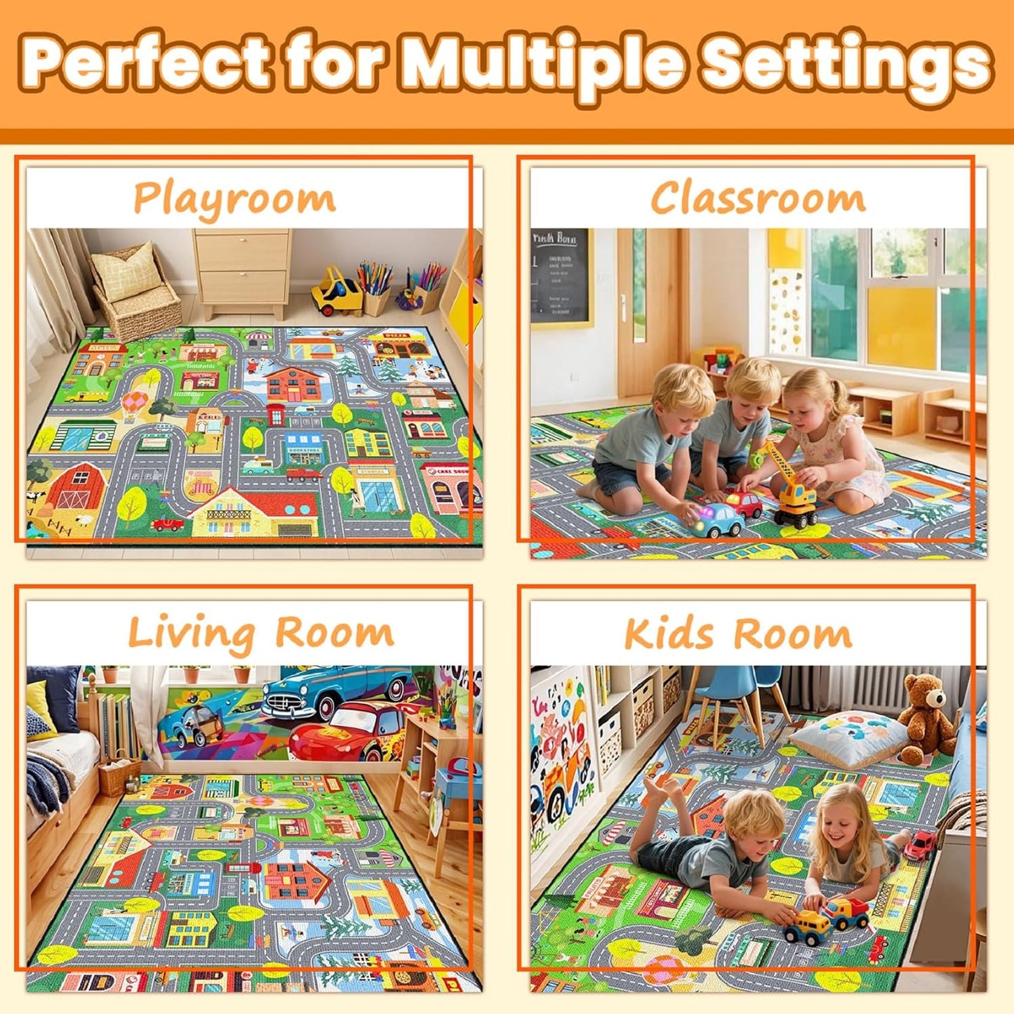2.5x4 Car Rug for Kids Playroom - Road Rug for Boys Room Kids Play Mat with Road Tracks Car Play Mat, Feet