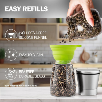 Home EC Original Stainless Steel Sea Salt and Pepper Grinder Set of 2 - Adjustable Ceramic - Glass Salt and Pepper Shakers - Kitchen Pepper Mill & Salt Mill W/Funnel & EBook