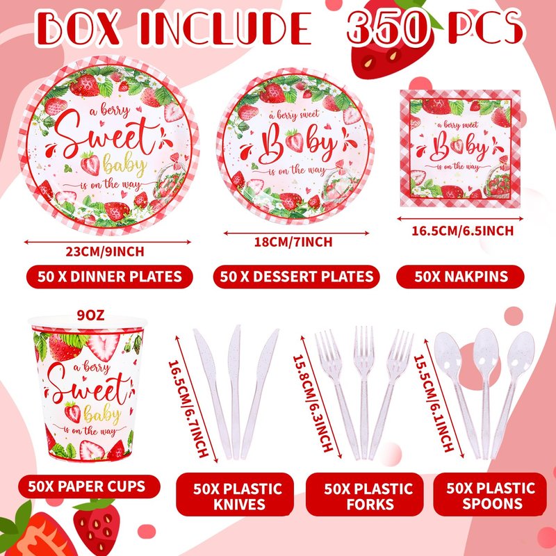 350 Strawberry Baby Shower Decorations for 50 Guests A Berry Sweet Baby is On The Way Party Supplies for Girls Disposable Dinnerware Set Paper Plates Napkins Cups