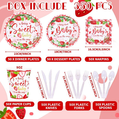 350 Strawberry Baby Shower Decorations for 50 Guests A Berry Sweet Baby is On The Way Party Supplies for Girls Disposable Dinnerware Set Paper Plates Napkins Cups