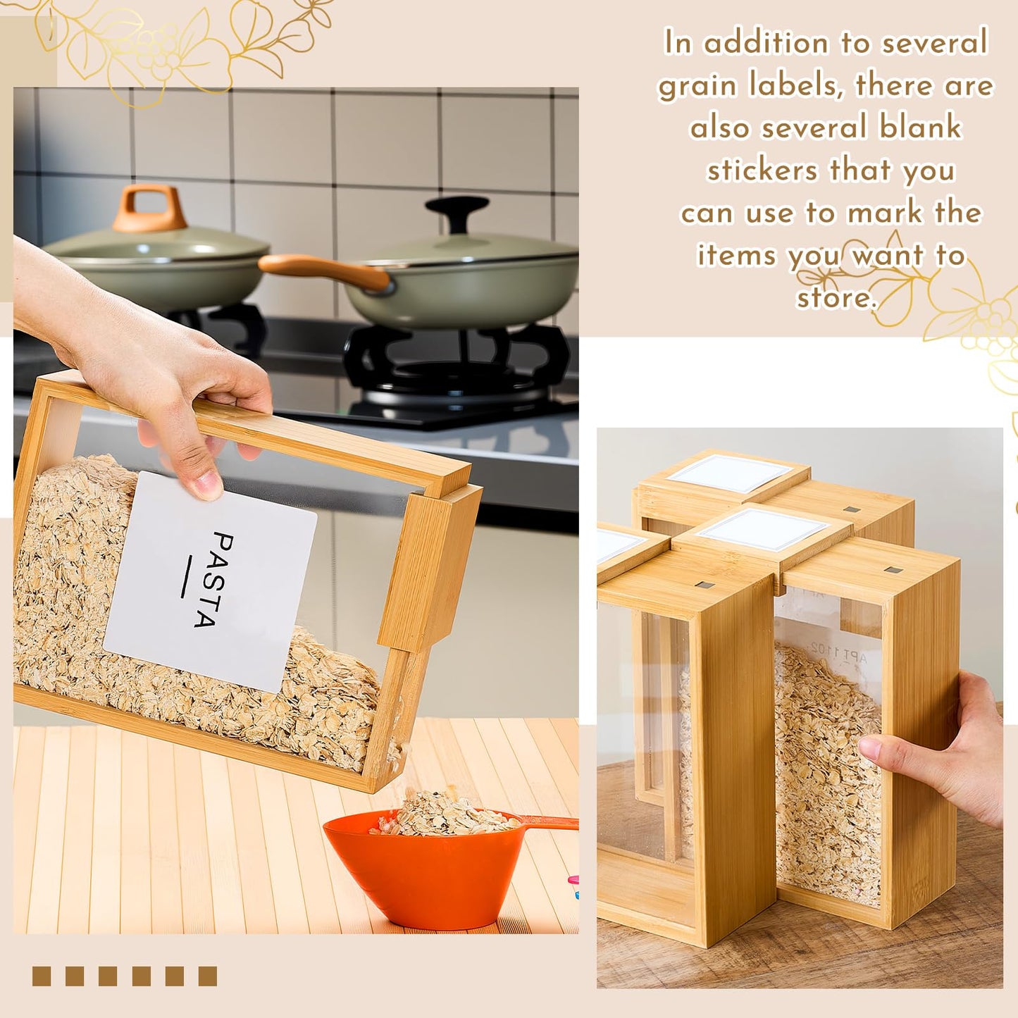 Threehoney 2 Pcs Bamboo Cereal Dispenser 75 Oz/ 2.2 l Kitchen Food Storage Containers with Measuring Cups for Airtight Pantry Organization and Storage Container Cereal Rice Flour Snack Nuts Grains