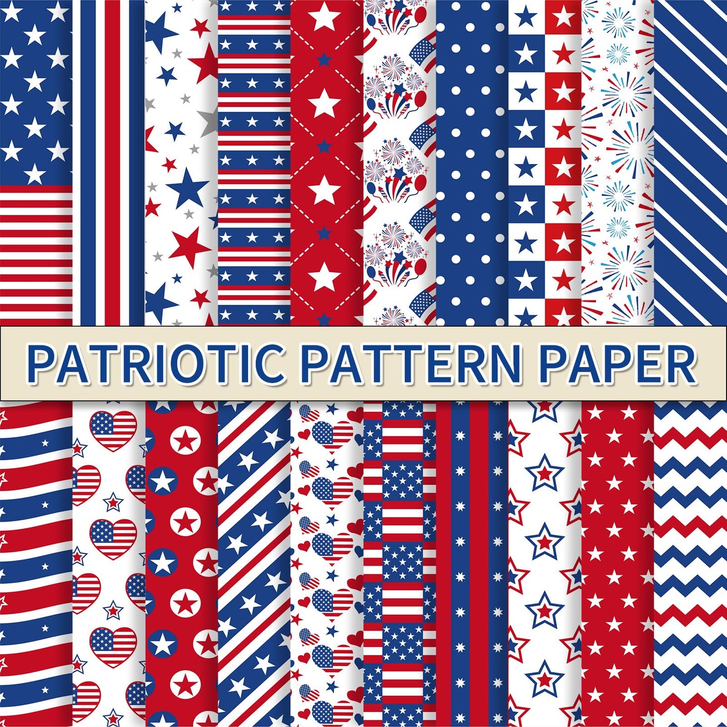 Whaline 40 Sheets Patriotic Pattern Paper Star Fireworks Stripe Scrapbook Specialty Paper 4th of July Double Sided Craft Papers For Independence Day DIY Card Making Photo Album Decor, 5.9 x 5.9 Inch