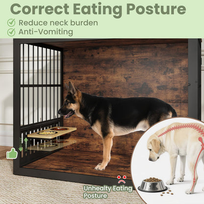 Yafylly 48 Inch XXL Dog Crate Furniture, Wooden Chewproof Dog Kennel with Interactive Window, 360° Adjustable Bowls (5 Heights), Storage Table Top, Heavy Duty XL Dog Crate for Medium Large Dogs, Brown