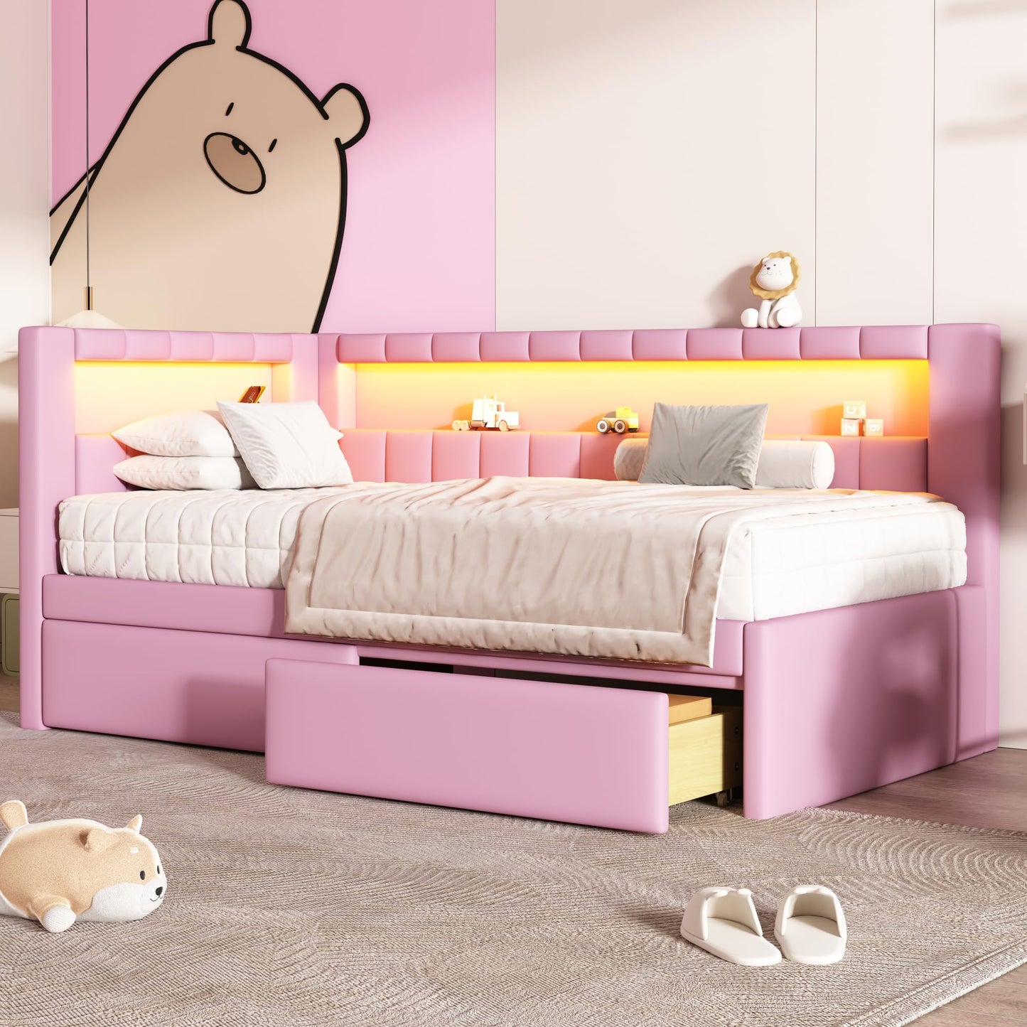 Bellemave Twin Size Upholstered Daybed with Drawers and USB/LED Belt, Corner Bed with Drawers. L-Shape daybed for Bedroom Living Room, Pink（Linen）