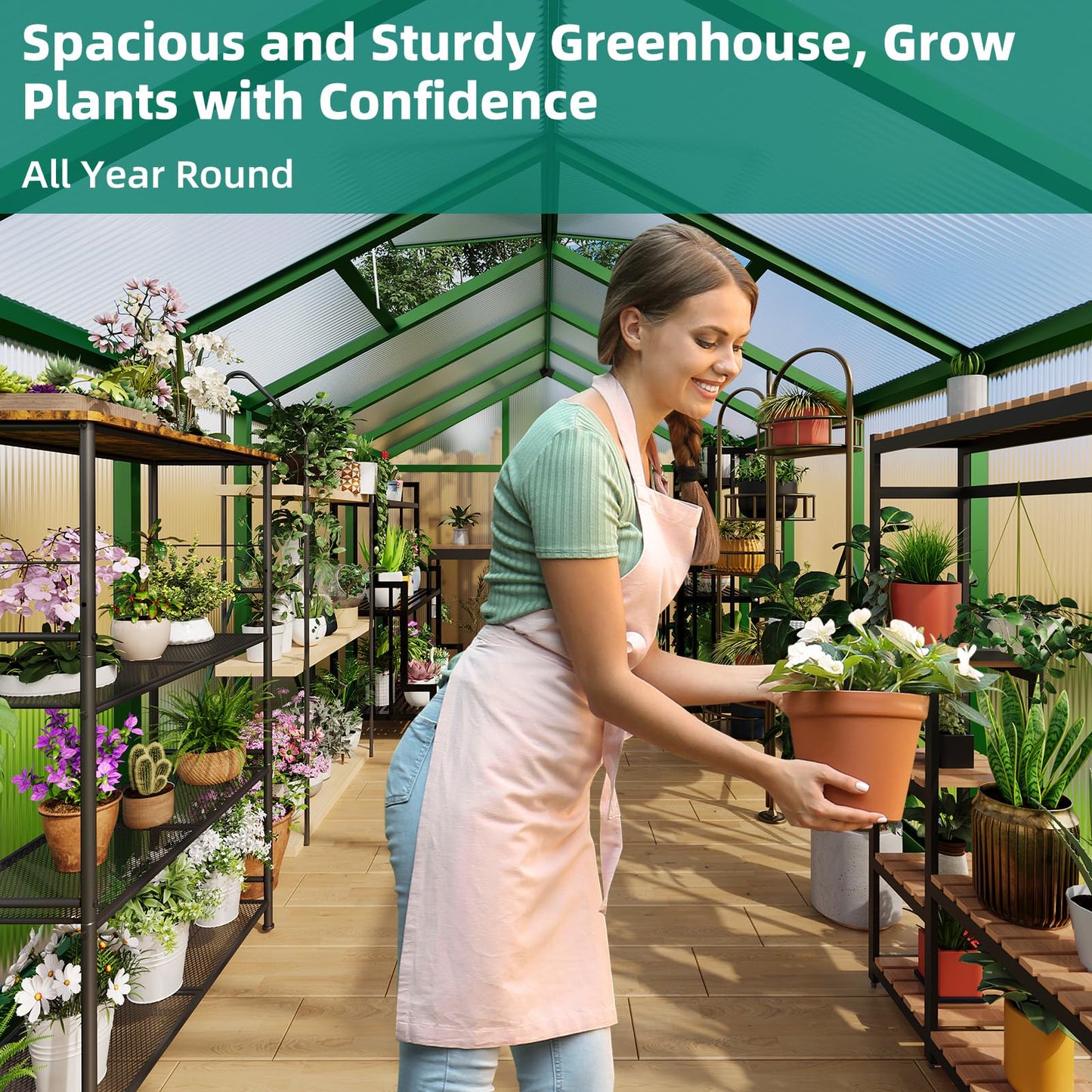 8x12 FT Greenhouse - Large Aluminum Greenhouses for Outdoors, Heavy Duty Polycarbonate Greenhouse with Roof Vent&Ground Nails, Walk-in Green Houses for Garden, Backyard, Patio, Easy Assembly