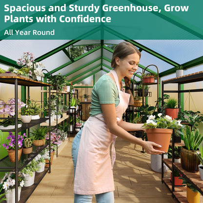 8x12 FT Greenhouse - Large Aluminum Greenhouses for Outdoors, Heavy Duty Polycarbonate Greenhouse with Roof Vent&Ground Nails, Walk-in Green Houses for Garden, Backyard, Patio, Easy Assembly