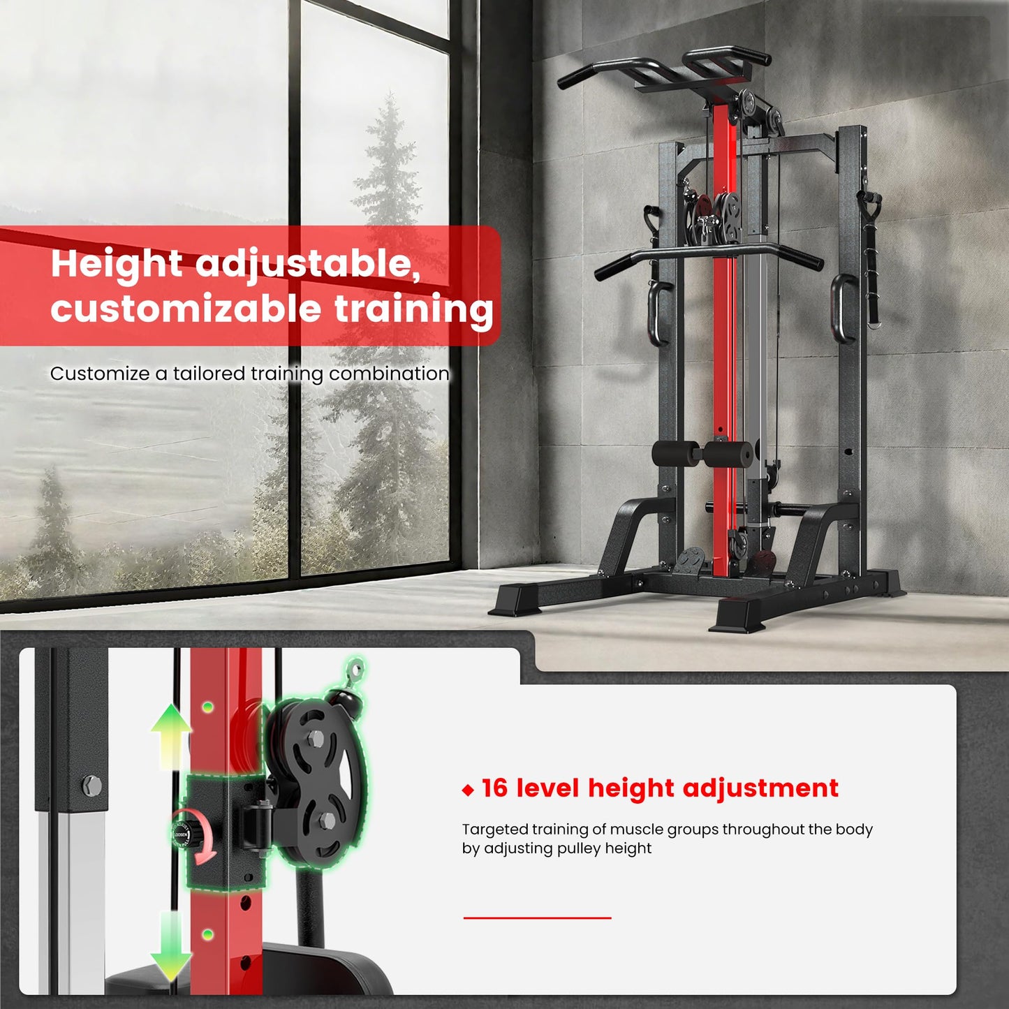 Pull Up Bar Power Tower Dip Station,Cable Machine-Integrated 450LBS Multi-Function Adjustable Height Fitness Strength Training Equipment for Home Gym Strength Training Equipment