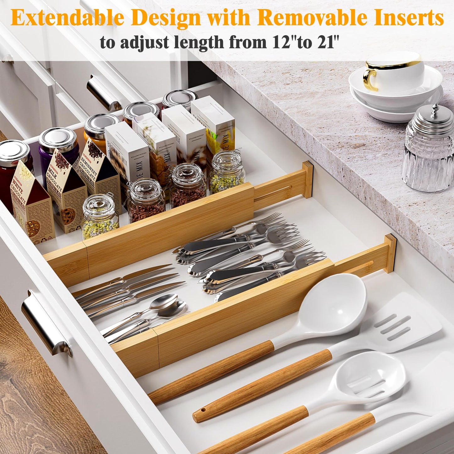 Ryqtop Bamboo Drawer Dividers,12-21" Adjustable Drawer Organizers for Clothes,Expandable Dresser Separators in Kitchen/Bedroom/Bathroom/Vanity/Office Organization and Storage,4-Pack