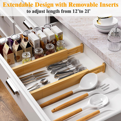 Ryqtop Bamboo Drawer Dividers,12-21" Adjustable Drawer Organizers for Clothes,Expandable Dresser Separators in Kitchen/Bedroom/Bathroom/Vanity/Office Organization and Storage,4-Pack