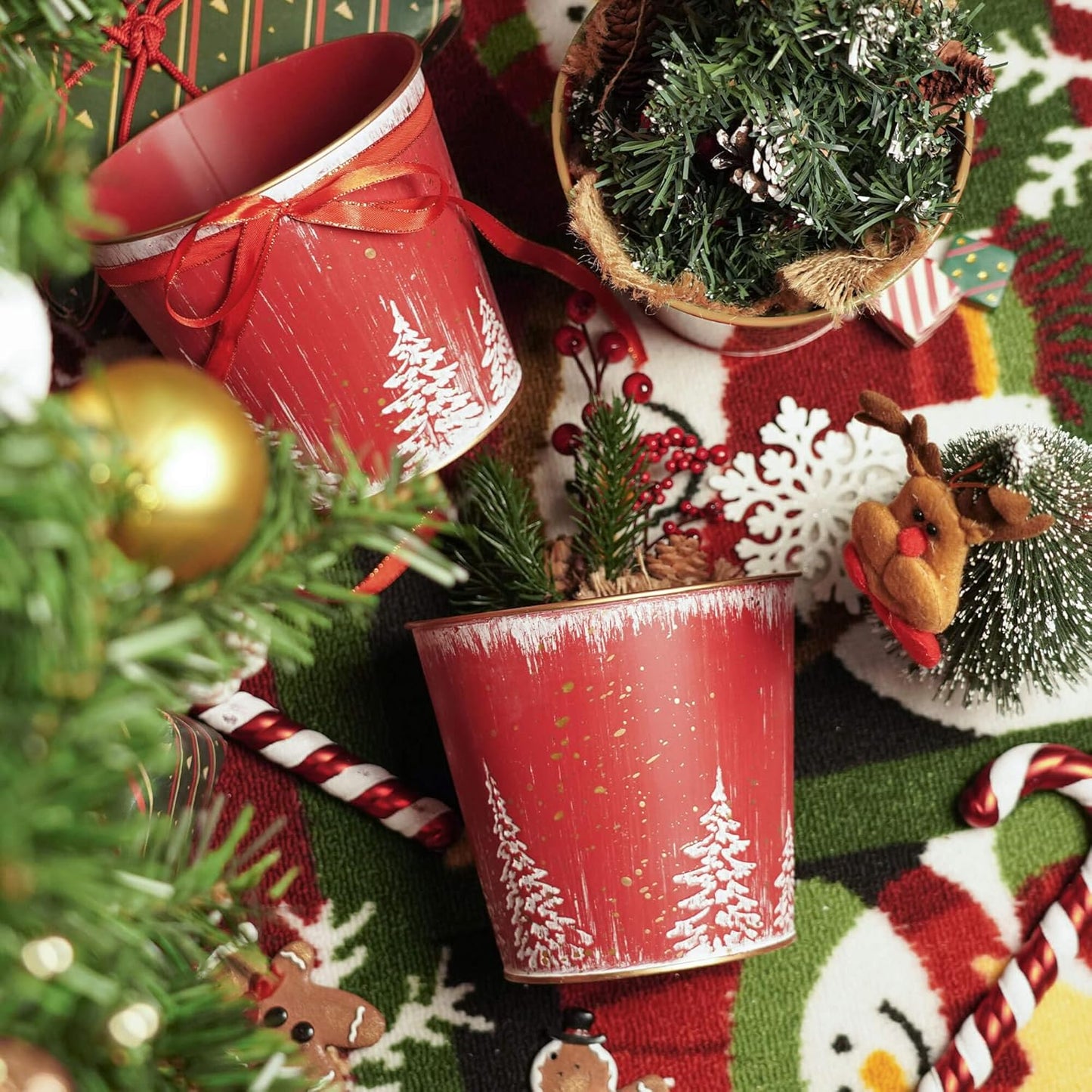 5.9in 4Pcs Putuo Decor Christmas Planters Pots, Small Metal Tin Buckets with Christmas Tree Pattern, Round Galvanized