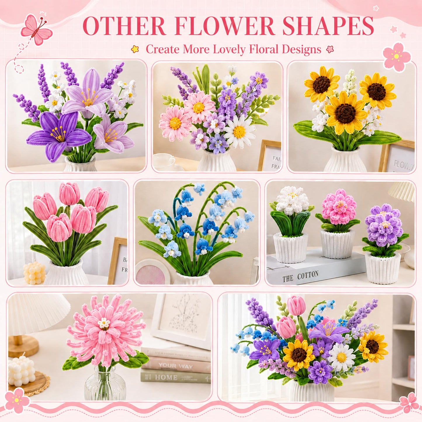 Vorplick Pipe Cleaner Flower Kit, 950 Pcs Pipe Cleaners Craft, Chenille Stems for DIY Flower Making Kit with Instructions, Floral Wires, Stamen& Ribbon for Adults and Kids