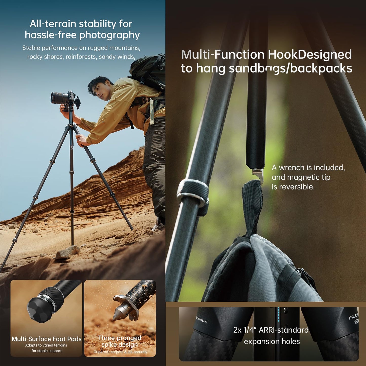 FALCAM TreeRoot F38 Quick Lock Lite Carbon Fiber Travel Tripod with Ball Head Load Capacity 3kg/6.6lbs, Max Vertical Payload 40Kg/88lbs for Cameras, All-Terrain Stability (C141K-301)
