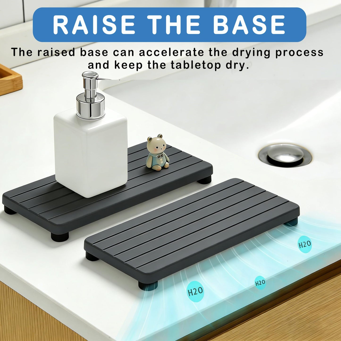 2PCS Stone Drying Tray, Water Absorbing Stone Tray for Sinks, Neat Diatomite Sink Trays, Fast Drying Kitchen Sponge Hand Soap Holder, Instant Dry Sink Coasters Used for Bathroom Counter -Dark Gray
