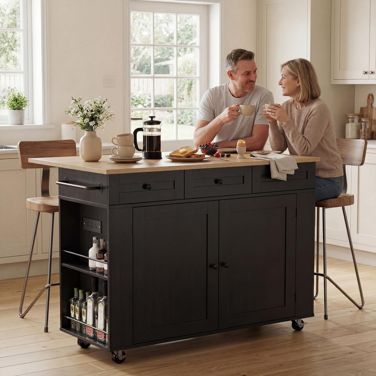 Garvee Rolling Kitchen Island Cart with Power Outlet & Drop Leaf, Kitchen Storage Cabinet On Wheels with 3 Drawers, Spice Rack & Towel Rack, Mobile Island Table for Kitchen